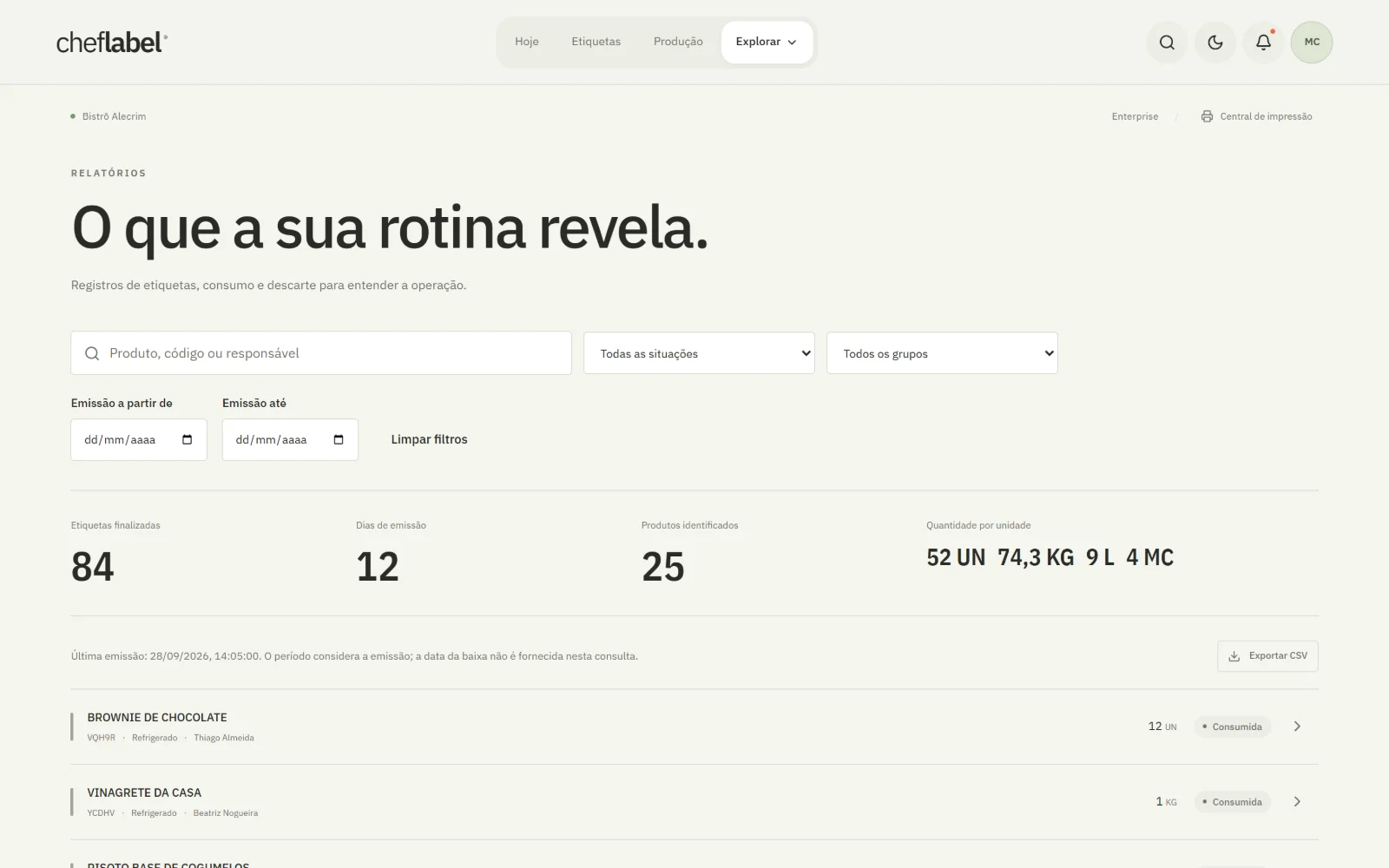 Relatórios no computador: etiquetas emitidas, consumo e descarte por período.