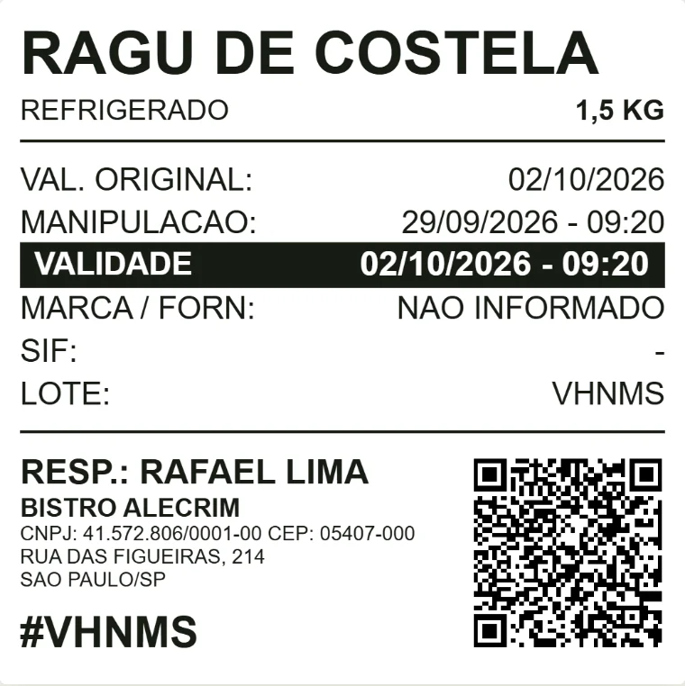 Etiqueta impressa pelo ChefLabel: Ragu de costela, refrigerado, validade em faixa preta, responsável, empresa e QR.