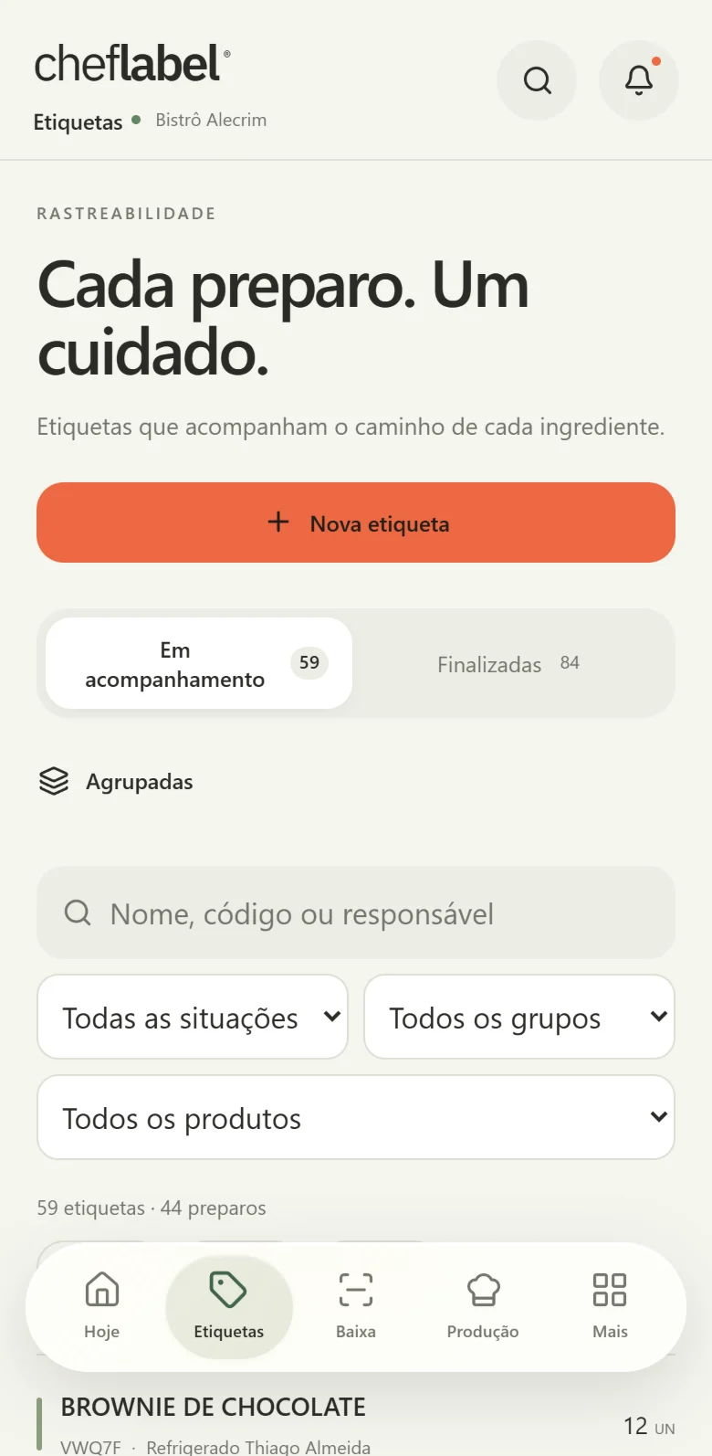 Lista de etiquetas em acompanhamento, com busca e filtros.