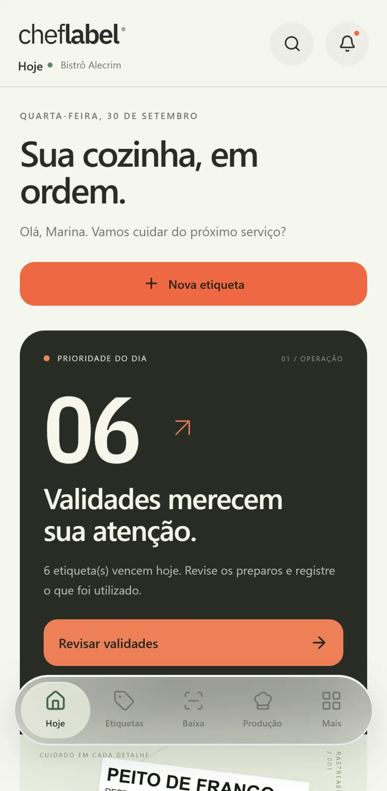 Painel Hoje do ChefLabel no celular: seis etiquetas vencem hoje, em destaque, e o botão Nova etiqueta.