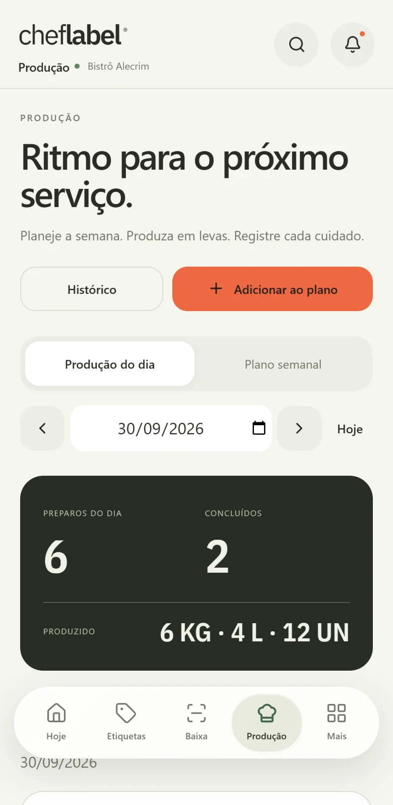 Produção do dia com o ritmo para o próximo serviço.