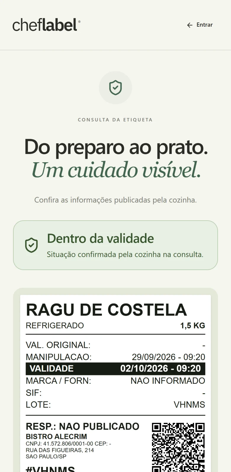 Consulta pública da etiqueta aberta pelo QR: dentro da validade.